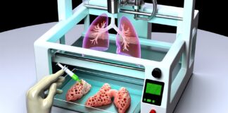 Building Breath, Layer by Layer: 3D Printing with Living Lung Cells in Extreme Environments High-resolution realistic photograph of a 3D bioprinter printing lung-like tissue structures in a laboratory setting, with visible human lung cells and hydrogel material. Photographed in a real environment, matching the look of existing press images about the same research. Avoid futuristic or stylized elements.