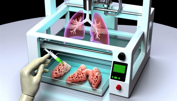 High-resolution realistic photograph of a 3D bioprinter printing lung-like tissue structures in a laboratory setting, with visible human lung cells and hydrogel material. Photographed in a real environment, matching the look of existing press images about the same research. Avoid futuristic or stylized elements.
