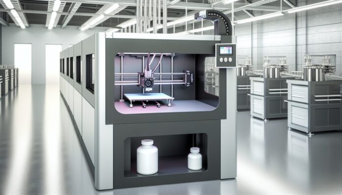 High-resolution realistic photograph of Carbon’s M-series 3D printer operating in a modern industrial setting, with visible printed parts and resin containers. Avoid futuristic or stylized elements.