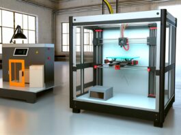 High-resolution realistic photograph of a TRILAB delta 3D printer operating in an industrial setting, with visible branding and real-world lighting. Avoid futuristic or stylized elements.