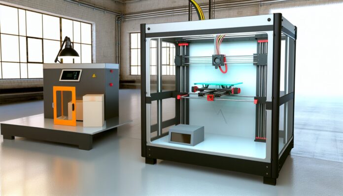 High-resolution realistic photograph of a TRILAB delta 3D printer operating in an industrial setting, with visible branding and real-world lighting. Avoid futuristic or stylized elements.