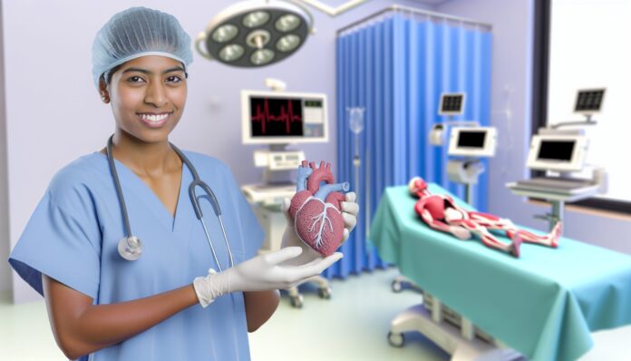 High-resolution realistic photograph of a surgeon holding a 3D-printed anatomical model in a hospital setting at VA Charleston, with medical equipment in the background. Avoid futuristic or stylized elements.