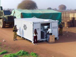 High-resolution realistic photograph of a mobile 3D printing container system deployed in a field environment, with visible equipment and personnel operating the unit. Avoid futuristic or stylized elements.