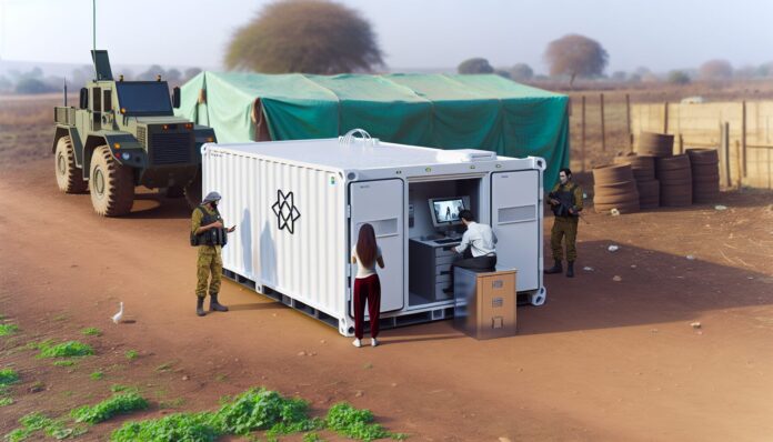 High-resolution realistic photograph of a mobile 3D printing container system deployed in a field environment, with visible equipment and personnel operating the unit. Avoid futuristic or stylized elements.