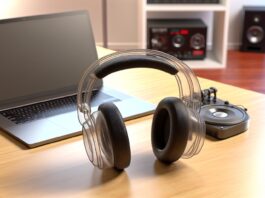 High-resolution realistic photograph of 3D-printed headphones made from glass and Kevlar, placed on a wooden desk next to a laptop and audio equipment, in a well-lit modern workspace. Avoid futuristic or stylized elements.