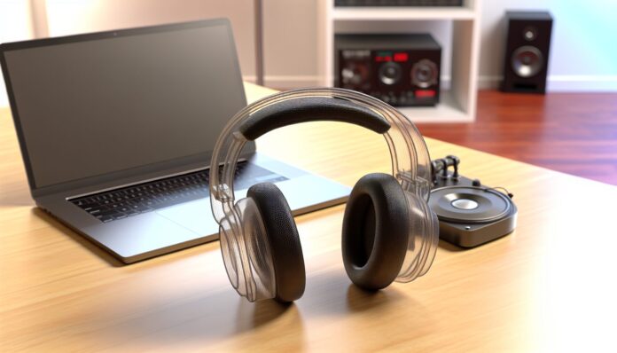 High-resolution realistic photograph of 3D-printed headphones made from glass and Kevlar, placed on a wooden desk next to a laptop and audio equipment, in a well-lit modern workspace. Avoid futuristic or stylized elements.