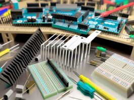 High-resolution realistic photograph of 3D printed Arduino tools including a wire comb, Arduino Uno bracket, and breadboard base plate, photographed on a workbench with real electronics components. Avoid futuristic or stylized elements.