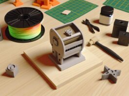 High-resolution realistic photograph of a 3D-printed self-inking stamp (3D Printy Stamp) on a wooden desk, surrounded by PLA filament spools, ink pads, and small tools. Photographed in a real workshop or maker space environment. Avoid futuristic or stylized elements.