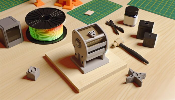 High-resolution realistic photograph of a 3D-printed self-inking stamp (3D Printy Stamp) on a wooden desk, surrounded by PLA filament spools, ink pads, and small tools. Photographed in a real workshop or maker space environment. Avoid futuristic or stylized elements.