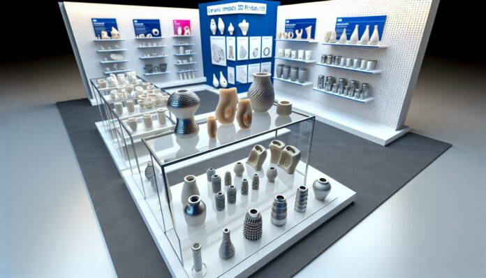 High-resolution realistic photograph of ceramic 3D printed parts displayed at a trade show booth, including medical implants and industrial components, photographed in a real environment, matching the look of existing press images about the same. Avoid futuristic or stylized elements.
