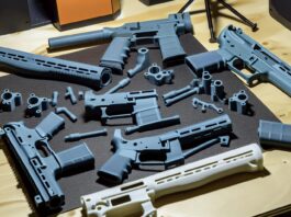 High-resolution realistic photograph of 3D-printed firearm parts on a table, photographed in a real environment, matching the look of existing press images about the same arrest. Avoid futuristic or stylized elements.
