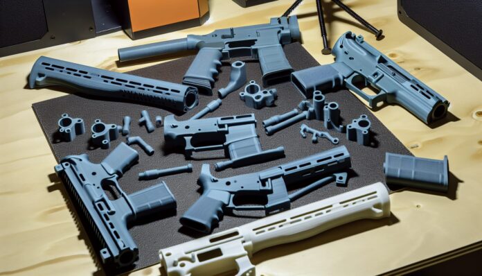 High-resolution realistic photograph of 3D-printed firearm parts on a table, photographed in a real environment, matching the look of existing press images about the same arrest. Avoid futuristic or stylized elements.
