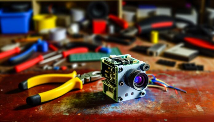 High-resolution realistic photograph of a DIY 3D printed camera built using an optical mouse sensor, placed on a workbench with tools and electronics in the background. Avoid futuristic or stylized elements.