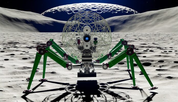 High-resolution realistic photograph of a spider-like robot 3D printing a structure on a lunar surface, in a real environment, matching the look of existing press images about NASA and ICON’s lunar construction project. Avoid futuristic or stylized elements.