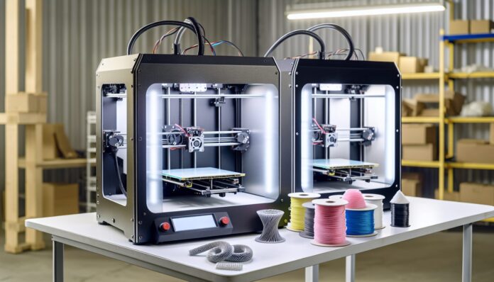 High-resolution realistic photograph of Prusa's new MK4.5 and XL Connect 3D printers on a workbench in a well-lit workshop environment, with filament spools and silicone prints nearby. Avoid futuristic or stylized elements.