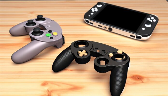 High-resolution realistic photograph of 3D printed Mario Kart Wii-style Joy-Con grips attached to Nintendo Switch Joy-Cons, placed on a wooden desk with a Nintendo Switch console in the background. Avoid futuristic or stylized elements.