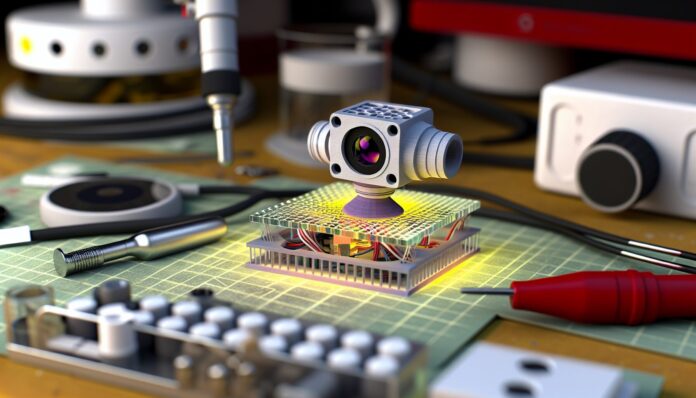 High-resolution realistic photograph of a miniaturized infrared sensor created using room-temperature 3D printing, placed on a lab bench or integrated into a wearable device, photographed in a real environment, matching the look of existing press images about the same technology. Avoid futuristic or stylized elements.