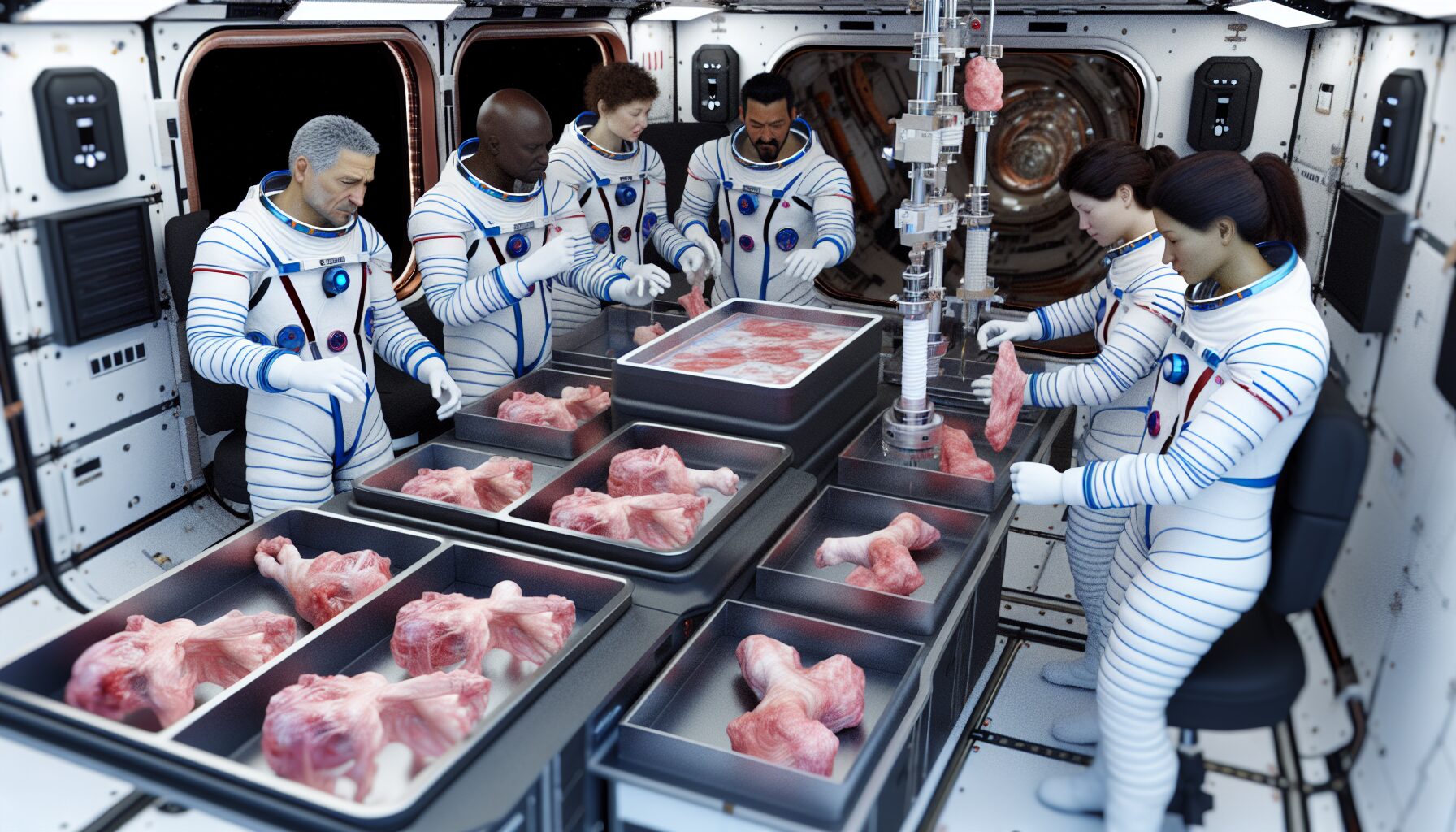 Scientists Successfully 3D Print Muscle Tissue in Space High-resolution realistic photograph of scientists 3D printing muscle tissue in microgravity aboard the International Space Station, showing lab equipment and printed tissue samples in a real environment. Avoid futuristic or stylized elements.