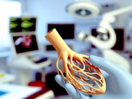 High-resolution realistic photograph of a 3D-printed artery model developed by Sydney researchers, placed in a clinical or laboratory setting with medical equipment in the background. Avoid futuristic or stylized elements.