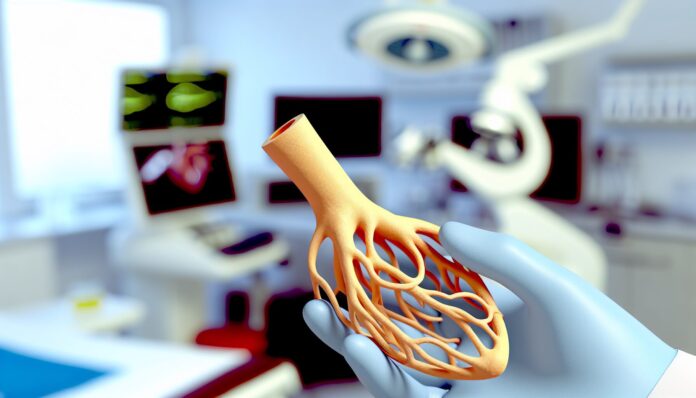 High-resolution realistic photograph of a 3D-printed artery model developed by Sydney researchers, placed in a clinical or laboratory setting with medical equipment in the background. Avoid futuristic or stylized elements.