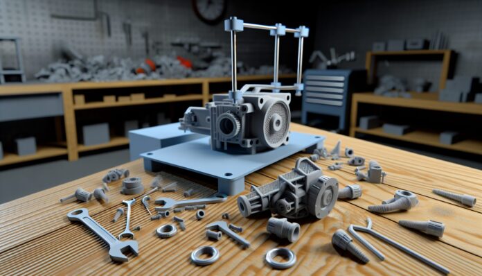 High-resolution realistic photograph of the FGC-9 3D-printed gun, placed on a wooden workbench with 3D printer tools and components in the background, photographed in a real environment, matching the look of existing press images about the same weapon. Avoid futuristic or stylized elements.