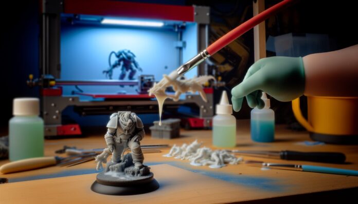 High-resolution realistic photograph of a 3D printed miniature wargame figure being cleaned or cured in a home workshop setting, with visible tools and resin printer in the background. Avoid futuristic or stylized elements.