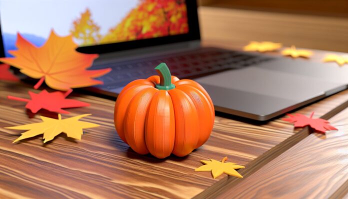 High-resolution realistic photograph of a 3D printed pumpkin fidget toy on a wooden desk with autumn leaves and a laptop in the background, photographed in a real environment, matching the look of existing press images about the same product. Avoid futuristic or stylized elements.