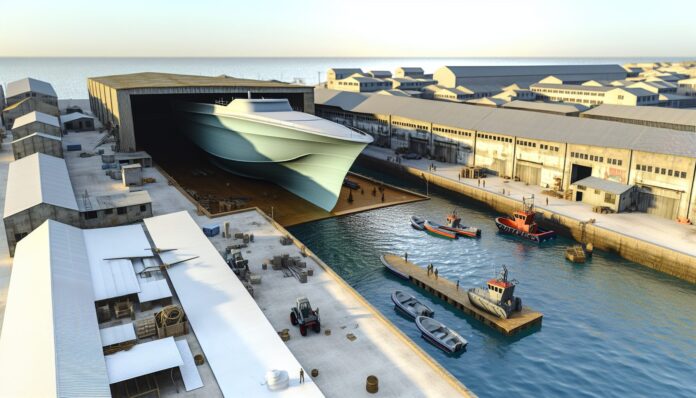 High-resolution realistic photograph of a large 3D-printed boat in a shipyard or dock, photographed in a real environment, matching the look of existing press images about the same project. Avoid futuristic or stylized elements.