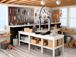 High-resolution realistic photograph of a 3D printer on a workbench surrounded by tools and printed models, reflecting a real-world maker or workshop environment. Avoid futuristic or stylized elements.