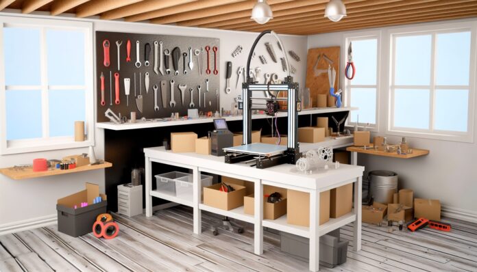 High-resolution realistic photograph of a 3D printer on a workbench surrounded by tools and printed models, reflecting a real-world maker or workshop environment. Avoid futuristic or stylized elements.