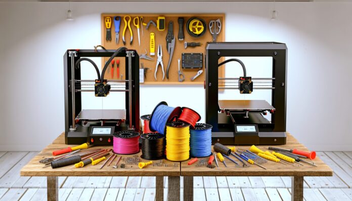 High-resolution realistic photograph of a Creality Ender 3 V2 Neo and Anycubic Kobra 2 Neo on a workbench with filament spools and tools, photographed in a real environment, matching the look of existing press images about the same. Avoid futuristic or stylized elements.