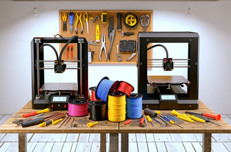High-resolution realistic photograph of a Creality Ender 3 V2 Neo and Anycubic Kobra 2 Neo on a workbench with filament spools and tools, photographed in a real environment, matching the look of existing press images about the same. Avoid futuristic or stylized elements.