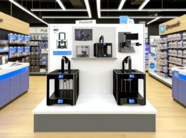 Best Buy Offers Top Cyber Monday Deals on Bambu Lab 3D Printers High-resolution realistic photograph of Bambu Lab P1P and X1 Carbon 3D printers on display in a Best Buy retail environment, with visible signage and product packaging. Avoid futuristic or stylized elements.
