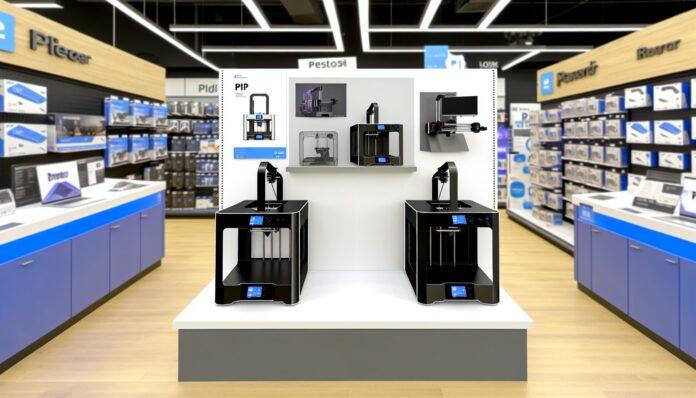 High-resolution realistic photograph of Bambu Lab P1P and X1 Carbon 3D printers on display in a Best Buy retail environment, with visible signage and product packaging. Avoid futuristic or stylized elements.