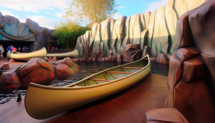 High-resolution realistic photograph of a 3D-printed polymer canoe used in Disney's Jungle Cruise ride, placed in a real theme park environment with natural lighting and background. Avoid futuristic or stylized elements.
