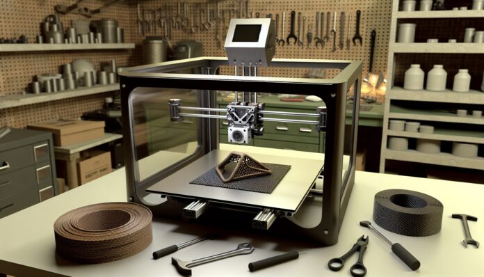 High-resolution realistic photograph of a desktop 3D printer using continuous carbon fiber to print a mechanical part, photographed in a real workshop environment, matching the look of existing press images about the same technology. Avoid futuristic or stylized elements.