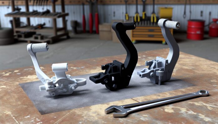 High-resolution realistic photograph of a small aircraft throttle control arm, with a broken 3D printed plastic version next to an intact metal version, photographed in a real hangar or workshop environment. Avoid futuristic or stylized elements.