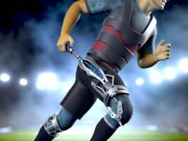 High-resolution realistic photograph of Protect3d custom 3D-printed sports brace being worn by an athlete during practice or game, photographed in a real environment, matching the look of existing press images about the same. Avoid futuristic or stylized elements.