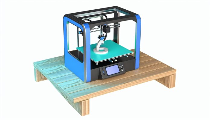 High-resolution realistic photograph of a compact desktop 3D printer in a home or school environment, showing the printer in action with a partially printed object. Avoid futuristic or stylized elements.