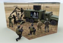 From Research to Deployment: Scaling Up Defense 3D Printing High-resolution realistic photograph of a mobile military 3D printing unit in operation in a field environment, with soldiers interacting with the equipment. Avoid futuristic or stylized elements.