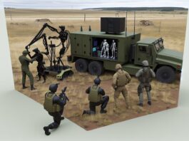High-resolution realistic photograph of a mobile military 3D printing unit in operation in a field environment, with soldiers interacting with the equipment. Avoid futuristic or stylized elements.