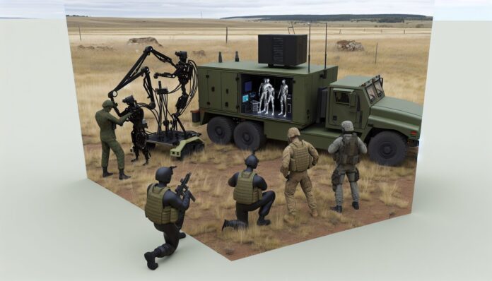 High-resolution realistic photograph of a mobile military 3D printing unit in operation in a field environment, with soldiers interacting with the equipment. Avoid futuristic or stylized elements.
