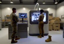 From Research to Deployment: The Scale-Up of Defense 3D Printing High-resolution realistic photograph of a military maintenance workspace with an industrial 3D printer producing a small metal or polymer component for a vehicle or aircraft, with technicians in standard uniforms observing. Neutral lighting, real-world setting, no futuristic or stylized elements.