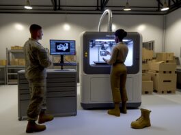 From Research to Deployment: The Scale-Up of Defense 3D Printing High-resolution realistic photograph of a military maintenance workspace with an industrial 3D printer producing a small metal or polymer component for a vehicle or aircraft, with technicians in standard uniforms observing. Neutral lighting, real-world setting, no futuristic or stylized elements.