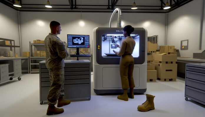 High-resolution realistic photograph of a military maintenance workspace with an industrial 3D printer producing a small metal or polymer component for a vehicle or aircraft, with technicians in standard uniforms observing. Neutral lighting, real-world setting, no futuristic or stylized elements.