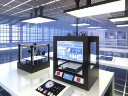 High-resolution realistic photograph of a professional 3D printer operating within a closed ecosystem, showing branded filament and proprietary software interface in a real-world office or lab setting. Avoid futuristic or stylized elements.