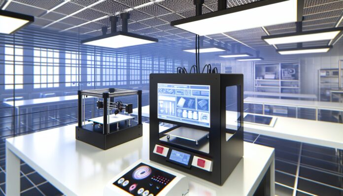 High-resolution realistic photograph of a professional 3D printer operating within a closed ecosystem, showing branded filament and proprietary software interface in a real-world office or lab setting. Avoid futuristic or stylized elements.