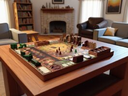 High-resolution realistic photograph of a 3D printed board game set up on a wooden table in a cozy living room, with visible game pieces, cards, and trays. Avoid futuristic or stylized elements.