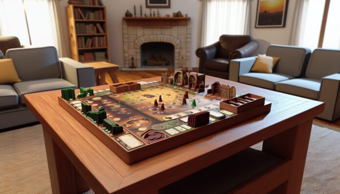 High-resolution realistic photograph of a 3D printed board game set up on a wooden table in a cozy living room, with visible game pieces, cards, and trays. Avoid futuristic or stylized elements.