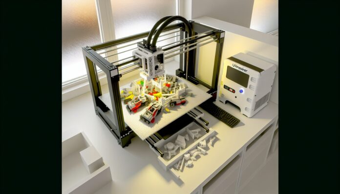 High-resolution realistic photograph of a LEGO set being 3D printed by an Ultimaker printer, photographed in a real environment, matching the look of existing press images about the same. Avoid futuristic or stylized elements.